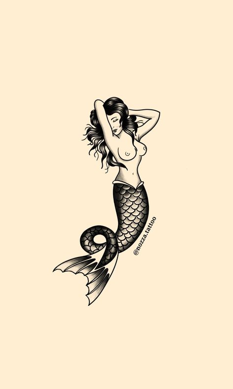 Mermaid Pinup Tattoo Traditional, Trad Mermaid Tattoo, Pin Up Mermaid Tattoo, Old School Mermaid Tattoo, Mermaid Tattoo Ideas For Women, Traditional Mermaid Tattoos, Small Mermaid Tattoo, Traditional Tattoo Stencils, Cupid Tattoo