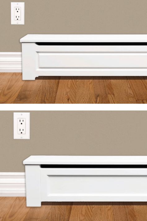 Built In Around Baseboard Heat, Upgrade Baseboard Heating, Custom Baseboard Heater Covers, Baseboard Heat Cover Ideas, Wainscoting With Baseboard Heaters, Base Board Heater Ideas, How To Make Baseboard Heaters Look Better, Wooden Baseboard Heater Covers, Baseboard Heating Furniture