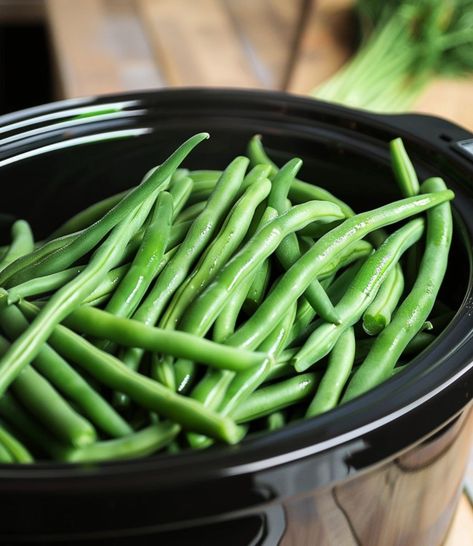 With just a few ingredients, turn simple green beans into a slow cooker sensation Crockpot Green Beans Fresh, Fresh Green Beans In Crockpot, Crockpot Fresh Green Beans, Crock Pot Green Beans, Simple Green Beans, Best Green Beans Ever, Cracked Green Beans, Fresh Green Bean Casserole, Crockpot Green Beans