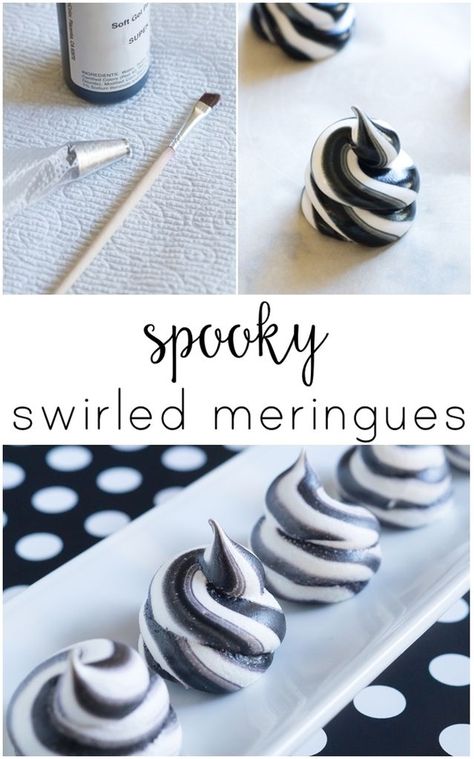 spooky swirled meringues ... striped meringue cookies for Halloween! Halloween Pavlova, Boo Cookies, Meringue Ideas, Meringue Pops, Halloween Cooking, Cookies For Halloween, Halloween Backen, Recetas Halloween, Caramel Shortbread