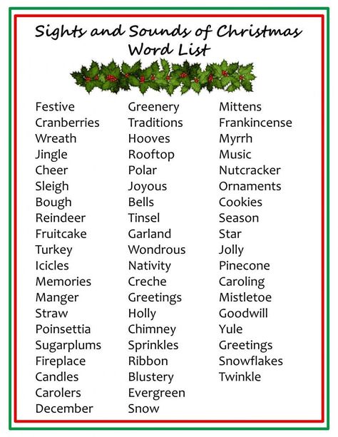 Sights and Sounds of Christmas Word List for classroom games and holliday activities Xmas Words, Christmas Spelling Words, Christmas Spelling Activities, Christmas Word Games, Christmas Pictionary Words List, Christmas Words List, Pictionary Word List, Pictionary Words, Syllable Rules