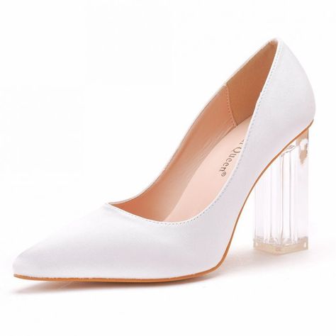 Modest / Simple White Wedding Shoes 2022 9 cm Crystal Thick Heels Pointed Toe Wedding Pumps High Heels Square High Heels, Prom Pumps, Crystal Wedding Shoes, White Block Heels, Bride Fashion, Wedding Pumps, Shoes 2023, White Wedding Shoes, Elegant High Heels