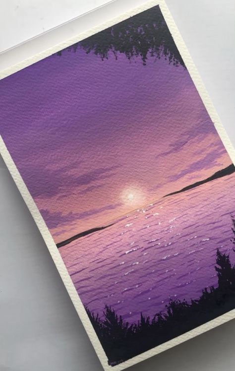 Lavender Sunset Painting, Galaxy Gouache Painting, Medium Canvas Painting Ideas Easy, Sun Painting Easy, Purple Art Aesthetic Painting, Gouache Painting Easy, Purple Landscape Painting, Purple Sunset Painting, Gouache Sunset