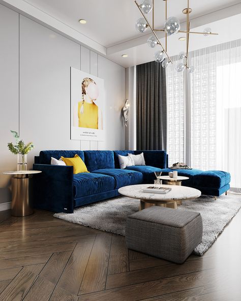 Creating Bounce With Blue and Yellow Accent Decor Blue Sofa Living, Blue Sofas Living Room, Blue Couch, Blue Living Room Decor, Contemporary Living Room Design, Instagram Site, Home Design Living Room, Night View, Elegant Living Room