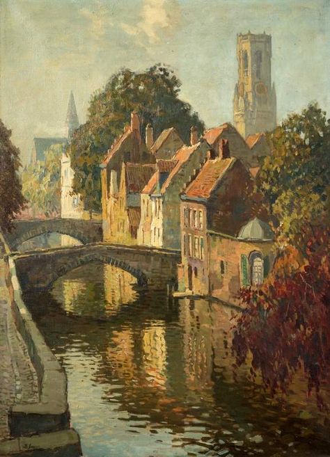 Ben Viegers (1886–1947), Stadsgezicht op Brugge. Gesigneerd l.o., doek, afm. 76 X 56 cm. Canvas Painting Ideas, Odaiba, Dutch Painters, Old Paintings, Aesthetic Painting, Beginner Painting, Old Art, Pretty Art, Impressionism