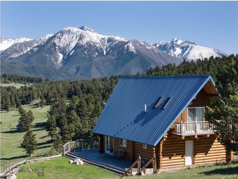 c.2001 Cozy Montana Log Cabin For Sale With Stunning Mountain Views on 40 Acres $739,000 - Country Life Dreams Log Cabins For Sale, Cozy Log Cabin, 40 Acres, Life Dreams, Cabins For Sale, Rural Life, Window Frames, Ceiling Windows, Mountain Views