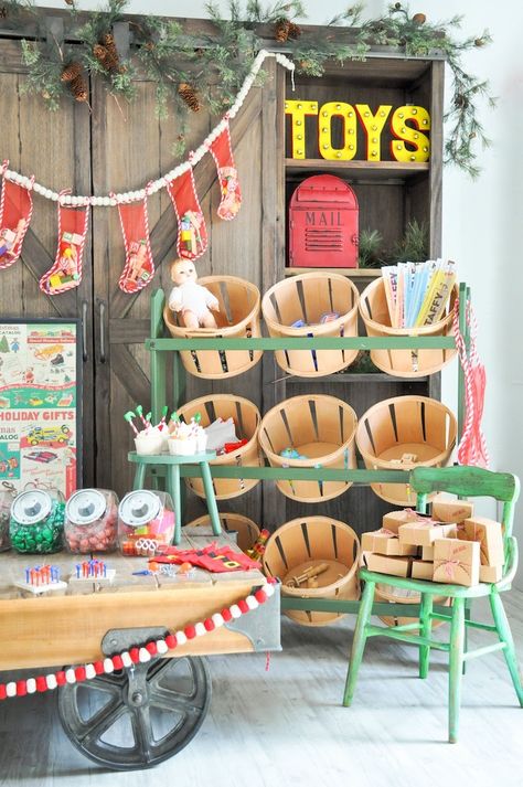 Vintage Santa's Workshop Holiday Christmas Party by Kara's Party Ideas | Kara Allen for Oriental Trading Christmas Table Decorations Diy, Christmas Workshop, Santa Party, Parade Ideas, Diy Christmas Table, Shelf Vintage, Paw Paws, Diy Christmas Garland, Classroom Christmas