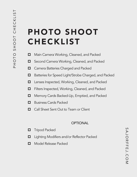 https://www.sajorffej.com/blog/photo-shoot-checklist Photography Checklist Photo Shoots, Prep For Photo Shoot, Photo Shoot Checklist, Types Of Photoshoots List, Types Of Photoshoots, Photographer Checklist, Photo Shoots Ideas, Themed Photo Shoots, Starting Photography Business