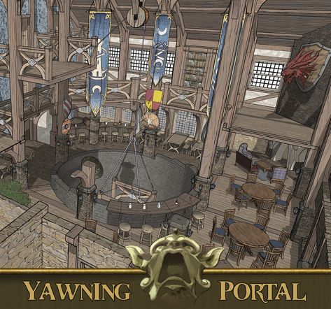 The Yawning Portal, Inn Interior, Stone Building, Blue Tapestry, Forgotten Realms, Common Room, Slate Roof, Guest Rooms, Reference Images