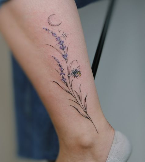 Lavender + 🐝 + ✨ + 🌙 booking is open in Vienna for Oct, Nov, Dec, please send your inquiries via link in bio 💌 and don’t forget to check your spam folders 💅🏻✨ Line Lavender Tattoo, Lavender Plant Tattoo, Fine Line Lavender, Fine Line Lavender Tattoo, Tattoo Lavender, Lavender Tattoos, Lavender Tattoo, Floral Tattoos, Plant Tattoo