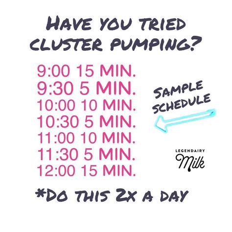 Cluster pumping is similar to power pumping but it involves short pump sessions of 5-15 minutes every 30 minutes. You do this over a 3 hour period, 2x a day for at least 4 days. Cluster pumping is intended to simulate cluster feeding much like a baby would nurse from the breast in the first few days or weeks. *Don’t forget to do hand compressions/massage while you’re cluster pumping.* ........................ If you end up trying this, report back to us with the results! Cluster Pumping, Legendairy Milk, Trendy Pumps, Power Pumping, Milk Production Breastfeeding, Cluster Feeding, Pumping Schedule, 1 Samuel 1 27, Breastfeeding Foods