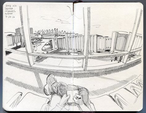 Airport Sketch Drawings, Paul Heston, Airport Sketch, Airport Drawing, Cyberpunk Drawing, Plane Color, Paul Heaston, Perspective Sketch, Air Art