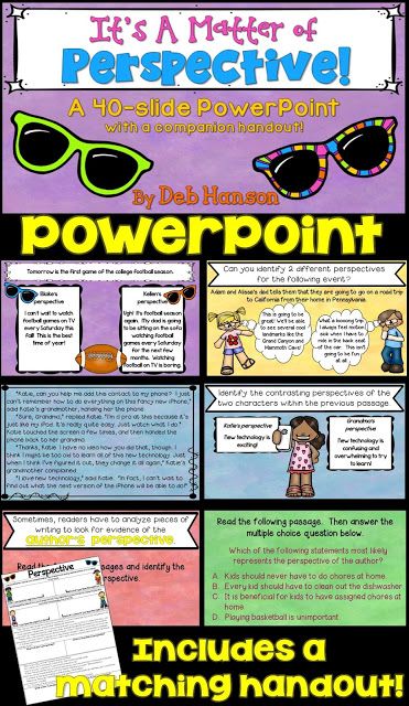 Perspective PowerPoint for intermediate level students! Includes many practice passages! Third Grade Language Arts Activities, Authors Viewpoint, Authors Perspective, Third Grade Language Arts, Authors Point Of View, 5th Grade Language Arts, 4th Grade Language Arts, Inspiration For Teachers, Perspective Taking