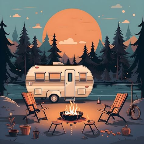 Photo creative banner digital art social... | Premium Photo #Freepik #photo Camper Mural, Art Social Media Post, Camper Van Illustration, Caravan Illustration, Camping Background, Ink Reference, Architecture Illustrations, Bait Shop, Mural Inspiration