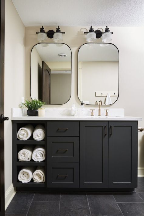 Bathroom Vanity Cabinet in Sherwin WIlliams Iron Ore Iron Ore Bathroom, Best Greige Paint Color, 90s Home, Dark Decor, Oak Trim, Oak Kitchen Cabinets, Sherwin Williams Colors, Honey Oak, Iron Ore