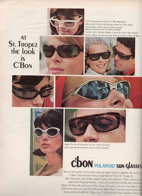 C'Bon 1965 Vintage Editorials, Polaroid Sunglasses, Moda Streetwear, Old Ads, St Tropez, Vintage Magazines, Moda Vintage, Print Ad, 60s Fashion