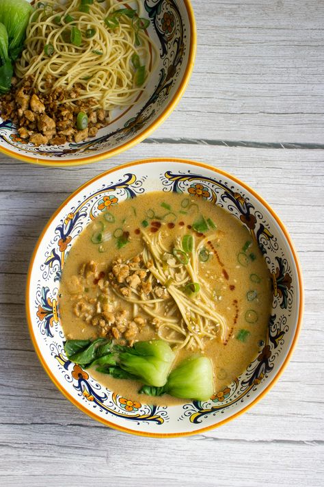 Inspired by vegan tantanmen ramen from Mensho Tokyo in San Francisco, here is a bowl of smooth, creamy and delicious ramen with right amount of spiciness to warm you up on a chilly day. … Vegan Tantanmen, Tantanmen Ramen, Peanut Butter Ramen, Delicious Ramen, Vegan Ramen, Hazelnut Butter, Lemon Salt, Vegan Milk, Extra Firm Tofu