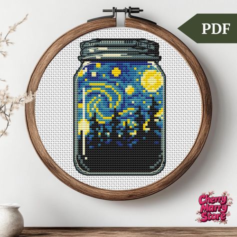 Starry Night in jar Cross Stitch Pattern, nature in a bottle little Embroidery Stitch pattern, xstitch easy mini PDF file, DIY Gift Van Gogh Bottle Cross Stitch Pattern, Jar Cross Stitch, Embroidery Stitch, Cadeau Diy, Dmc Thread, White Patterns, Night In, Cross Stitch Pattern, One Color