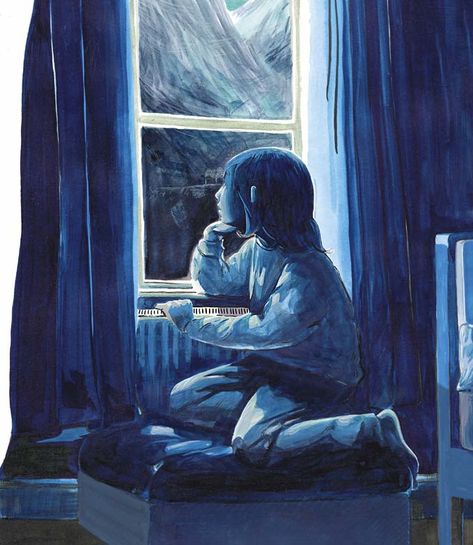 Small girl in her pyjamas in her unlit bedroom looking out into the dark night at the mountains through the open curtains of her bedroom window. Night Bedroom Illustration, Dark Bedroom Drawing, Looking Through Window Illustration, Person Looking Out Window Reference, Night Window Illustration, Looking Out The Window Drawing, Open Curtains, Scary Thoughts, Looking Through Window