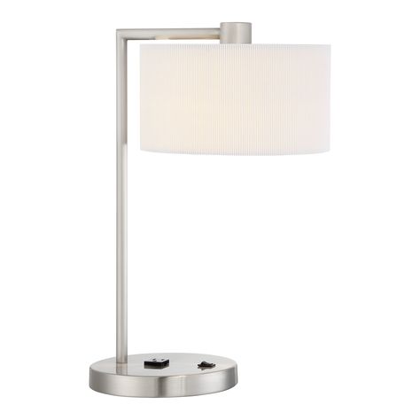 1 Light Table Lamp in Brushed Nickel with White Pleated Linen Shade and Convience Outlet and On/Off switch on Base Transitional Table Lamps, Contemporary Table Lamps, Led Floor Lamp, Contemporary Lighting, Linen Shades, Transitional Style, Table Lamp Lighting, One Light, Interior Lighting