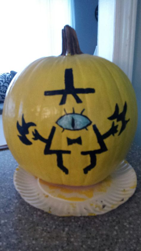 Gravity Falls Pumpkin Painting, Bill Cipher Halloween Costume, Bill Cipher Pumpkin, Fnaf Pumpkin Painting, Bill Cipher Pumpkin Carving, Gravity Falls Pumpkin, Gravity Falls Costumes, Cute Painted Pumpkin Ideas, Fall Pumpkins Painting