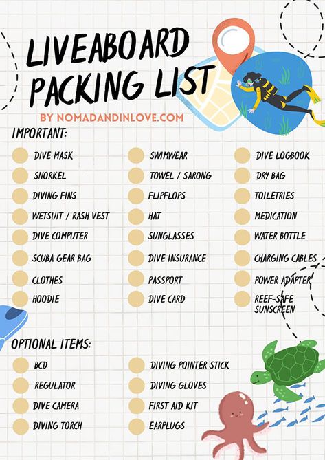 The ultimate liveaboard packing list! From must-have scuba gear and accessories, to clothes and optional personal items you may have overlooked. | dive liveaboard | scuba diving liveaboard | liveaboard diving trip | liveaboard essentials | liveaboard hacks | liveaboard tips | what to pack for scuba diving | scuba dive trip packing list | scuba diving vacations | scuba diving holiday Scuba Diving Tips, Cute Checklist, Scuba Diving Certification, Trip Packing List, Gifts For Scuba Divers, Scuba Diving Photography, Diving Scuba, Trip Packing, Dive Mask