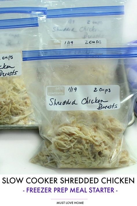 Slow Cooker Shredded Chicken Breasts are a tasty freezer meal starter! Freezer Shredded Chicken, Freezing Cooked Chicken, Freezer Prep, Chicken Slow Cooker, Chicken Breast Slow Cooker, Slow Cooker Shredded Chicken, Make Shredded Chicken, Shredded Chicken Tacos, Pre Cooked Chicken