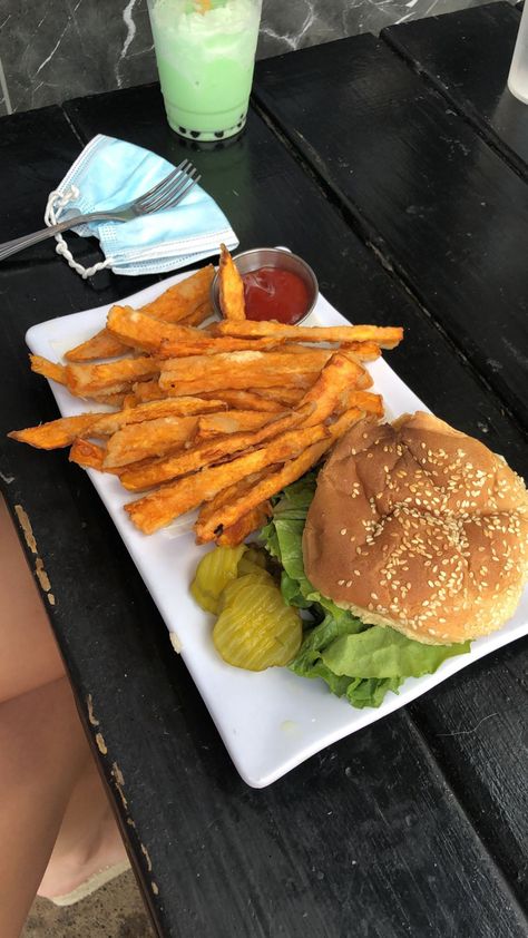 mushroom burger • burger • fries • sweet potato • vegan • veggie • vegetarian • lunch • dinner • date • food • eats Burger With Fries, Burger And Sweet Potato Fries, Cheeseburger Potato Skins, Burgers And Fries Aesthetic, Burger With Fries Aesthetic, Digital Photo Album, Photo Album