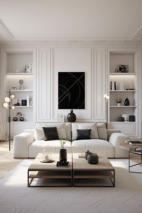 Living Room Symmetry, Accented Achromatic Colour Scheme, Symmetry Interior Design, Monochromatic Office, Modern Parisian Interior, Stylish Apartment Decor, Monochrome Home Decor, Monochrome Home, Luxury Living Room Inspiration