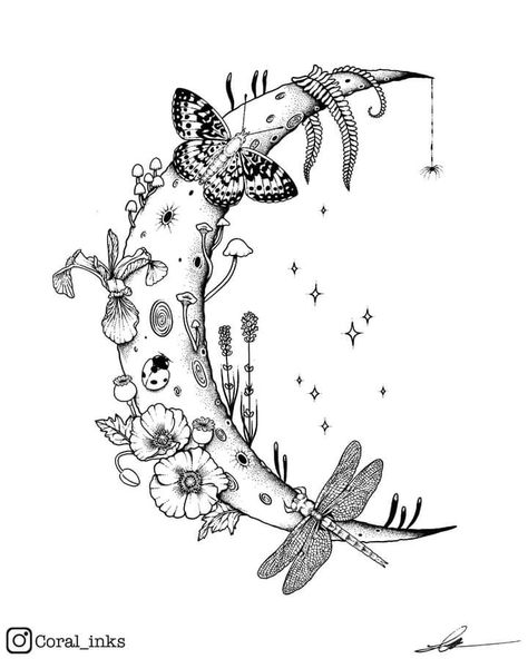 Girly Black And White Tattoos, Whimsical Goth Tattoo, Fairy Flower Tattoos For Women, Goth Cottage Core Tattoo, Whimsical Fairy Tattoo Sleeve, Flower Fairy Tattoo Designs, Fairy Witch Cottagecore Tattoos, Cottage Core Tattoos, Small Nature Tattoo