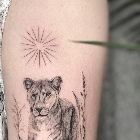 Lioness Tattoo For Women, Small Lion Tattoo For Women, Small Lion Tattoo, Brighton Tattoo, Lioness Tattoo, Vegan Tattoo, London Tattoo, Dot Work Tattoo, Botanical Tattoo