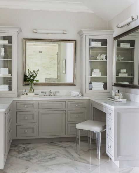 U shaped vanity - interesting L Shaped Bathroom Vanity, L Shaped Vanity, Bathroom Vanity Stool, L Shaped Bathroom, Grey Bathroom Cabinets, Built In Vanity, Painting Bathroom Cabinets, Corner Vanity, Marble Floors