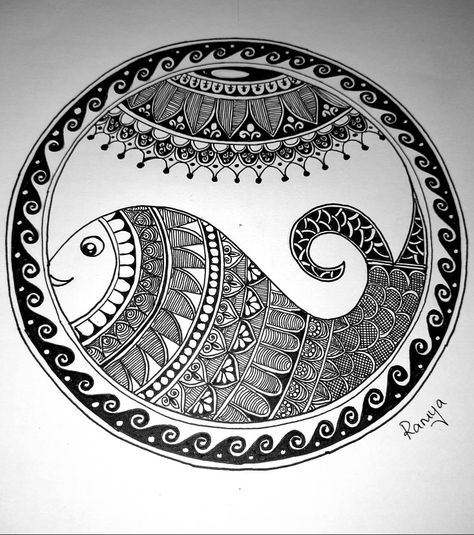 Mandala Fish Drawing, Bansuri Mandala Art, Fish Mandala Art, Madhubani Mandala, Boho Arts, Buddah Doodles, Fish Mandala, File Decoration, Easy Mandala