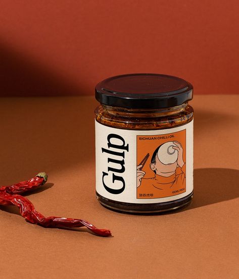 Gulp Chilli Oil :: Behance Chilli Oil Packaging, Chilli Sauce Packaging, Chilli Branding, Chilli Packaging, Aesthetic Packaging Ideas, Sauce Branding, Cafe Logos, Spice Design, Sauce Packaging