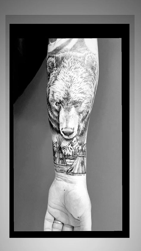 daniroosen_tattoo on Instagram: A big fluffy boy for Matt. 🐻 #bear #beartattoo #teepee #native #nativeamerican #mountains #tattoo #culture #brownbear #tattoos… Native Wolf Tattoo, Teepee Tattoo, Mountains Tattoo, Tattoo Culture, Wolf Tattoo Design, Indian Tattoo, Bear Tattoo, Leg Sleeve, Wolf Tattoo