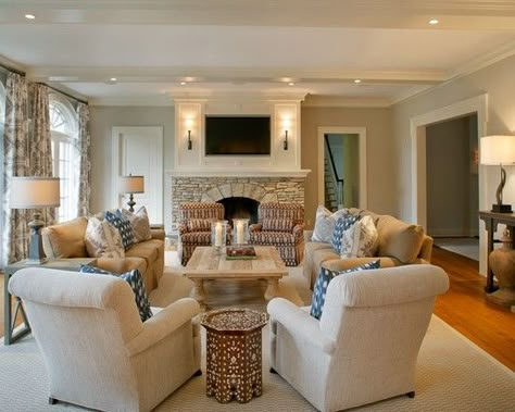 Beige blue Simple Living Room Designs, Long Narrow Living Room, Tv Over Fireplace, Rectangular Living Rooms, Furniture Placement Living Room, Sofa Layout, Small Living Room Furniture, Furnitur Ruang Keluarga, Long Living Room