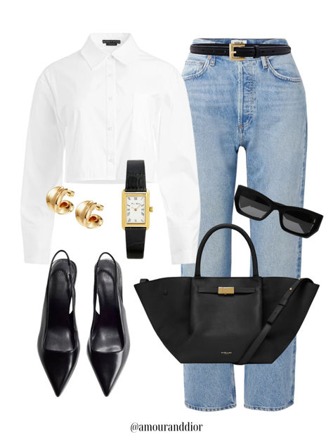 Denim Handbag Outfit, Slingback Pumps Outfit, Gold Pumps Outfit, Blue Handbag Outfit, Dior Outfit, Pumps Outfit, Dior Style, Denim Handbag, Cropped Button Down