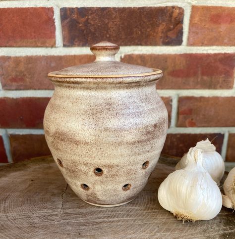 "Stoneware Garlic Holder  6\" tall and 5\" wide with 2.5\" base Durable all weather glazes, pictured in Gunsmoke, other colors available  Hold 5-7 bulbs of garlic  Diamond sanded bottoms" Garlic Holder, Onion Holder, Whiskey Cups, Garlic Bulb, Spice Box, Thanks A Bunch, West Point, Dream Houses, Other Colors