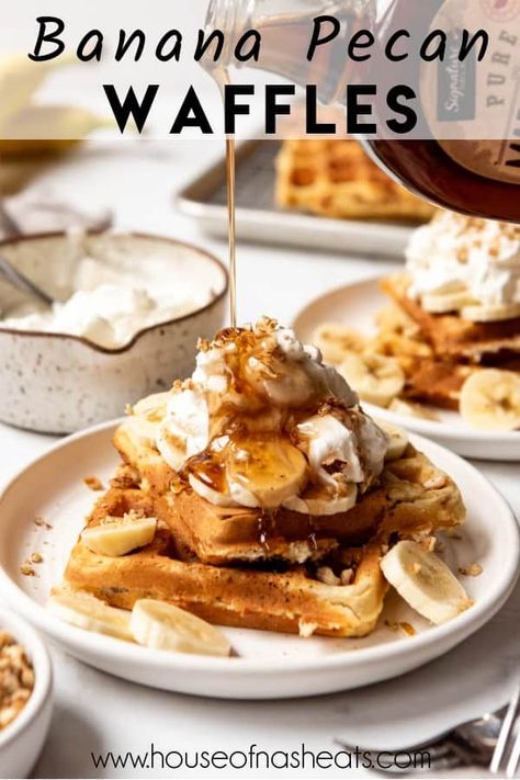 Warm, inviting, and decadent, these Banana Pecan Waffles are the best wake-up for the holidays! With the perfect blend of sweet bananas and crunchy pecans, this easy banana pecan waffle recipe makes the best homemade waffles in just 20 minutes! Waffle House Pecan Waffle Recipe, Pecan Waffle Recipe, Denim Repurpose, French Toast Breakfast Casserole, Easy Cinnamon Roll Recipe, The Best Waffles, Breakfast Casserole French Toast, Best Waffles, Pecan Waffles