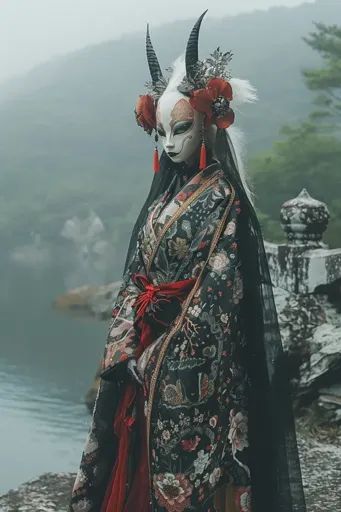 ↑↑↑ Larger size on website 🔸 A woman in a flowing black kimono with intricate floral patterns stands before a misty lake, her fac 🔸 From Midjourney AI Image Horned Headdress, Woman In Kimono, Japanese Fox Mask, Misty Lake, Japanese Fox, Japanese Oni, Fox Mask, Japanese Folklore, Tim Walker