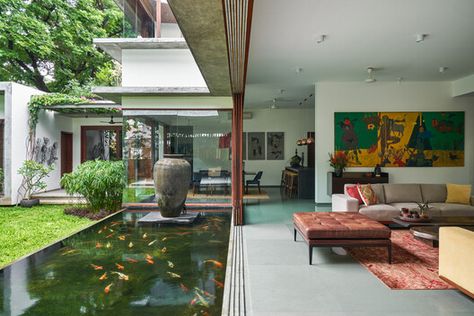 Raintree House, Khosla Associates, Modern Luxury Living Room, Rain Tree, North Garden, Compound Wall, The Door Is Open, Koi Pond, Kochi