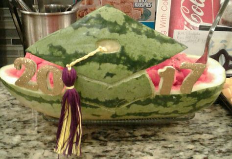 Graduation Watermelon Carving Ideas, Graduation Watermelon, Watermelon Creations, Watermelon Carving Graduation, Watermelon Carving Wedding, Watermelon Carving Easy, Phd Party, Watermelon Baby Carriage, Backyard Party Food