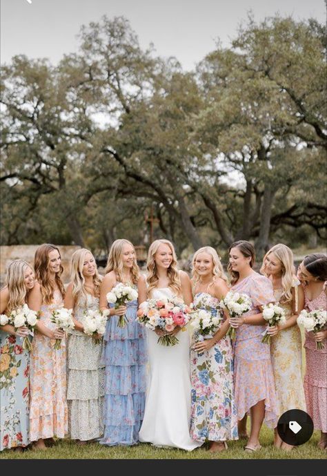 Colorful Garden Wedding Bridesmaid, Garden Style Wedding Dress, Bouquet Stand, Mismatched Dresses, Cottagecore Wedding, White Bouquets, Jade Wedding, Floral Bridesmaid Dresses, College Roommate