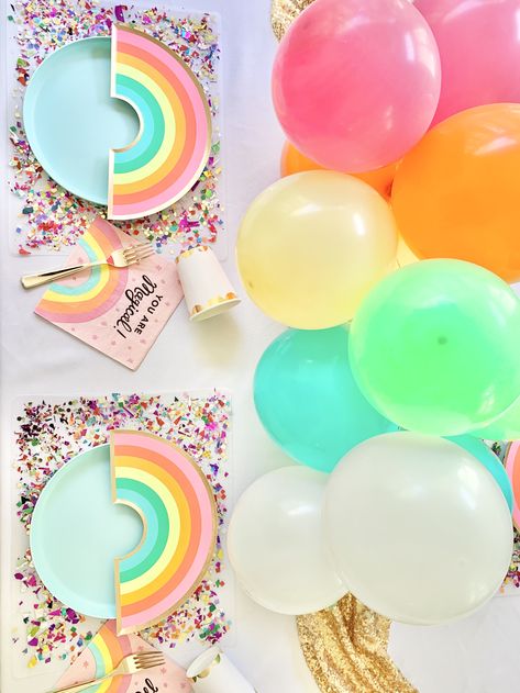 Rainbow Polka Dot Birthday Party, Rainbow Bday Decorations, Modern Rainbow Birthday Party, Rainbow Party Table Decor, Rainbow Table Decorations, Rainbow Party Table, Confetti Placemats, Rainbow Kids Party, Iris Cabin