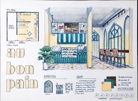 Cafe Sketch Interior, Cafe Interior Design Sketch, Watercolor Interior Sketch, Interior Design Watercolor Sketch, Cafe Design Drawing, Cafe Interior Design Drawing, 2d Interior Design, Interior Design Watercolor, Cafe Sketches