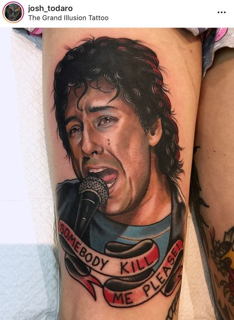 Adam Sandler Adam Sandler Tattoo Ideas, Adam Sandler Tattoo, Wedding Singer Movie, Adam Sandler Movies, Wedding Singer, On My Knees, Movie Tattoo, Movie Tattoos, Hair Color Streaks