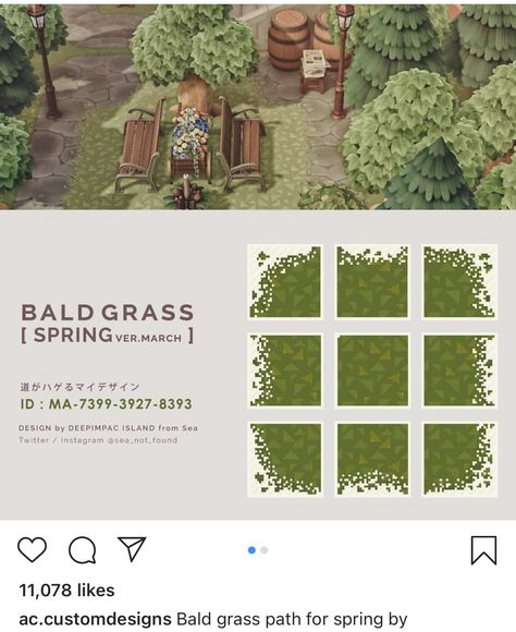 Grass Code Acnh, Grass Paths Acnh, Grass Path Code Acnh, Acnh Grass Paths Designs, Acnh Grass Border Path, Grass Animal Crossing Code, Animal Crossing Grass Path, Animal Crossing Grass Code, Grass Custom Design Animal Crossing