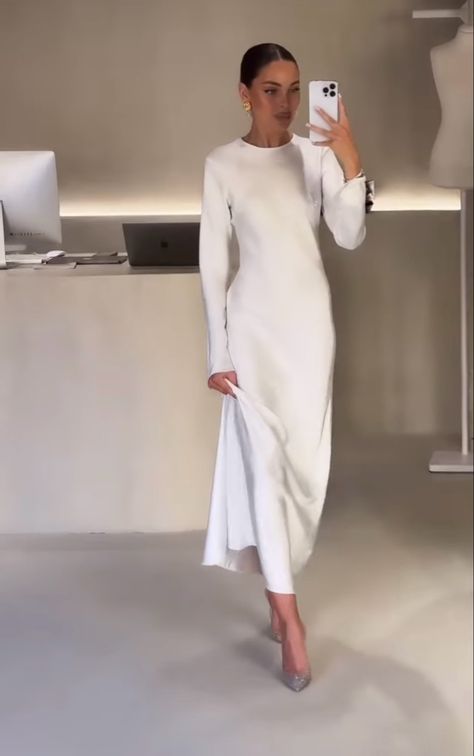 Make Dress Modest, House Of Bc White Dress, Elegant Modest Dresses, White Modest Dress, Long Sleeve High Neck Dress, White Dress Winter, White Satin Dress, Modesty Fashion, Just Style