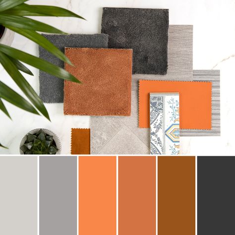 Terracotta And Grey Color Palettes, University Color Palette, Orange Office Ideas, Grey Orange Color Palette, Orange Gray Color Palette, Burnt Orange And Grey Living Room, Master Bedrooms Beds, Grey And Copper Living Room, Grey Orange Living Room