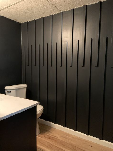 Wall Slats Bathroom, Slat Bathroom Wall, Assent Wall, Slat Wall Black, Wall Slat Wall, Wall Paneling Modern, Black Slat Wall, River Bedroom, Moody Bathroom